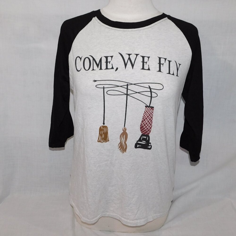 Hocus Pocus COME WE FLY Raglan 3/4 sleeve Gray Black Shirt Broom Vacuum Womens S